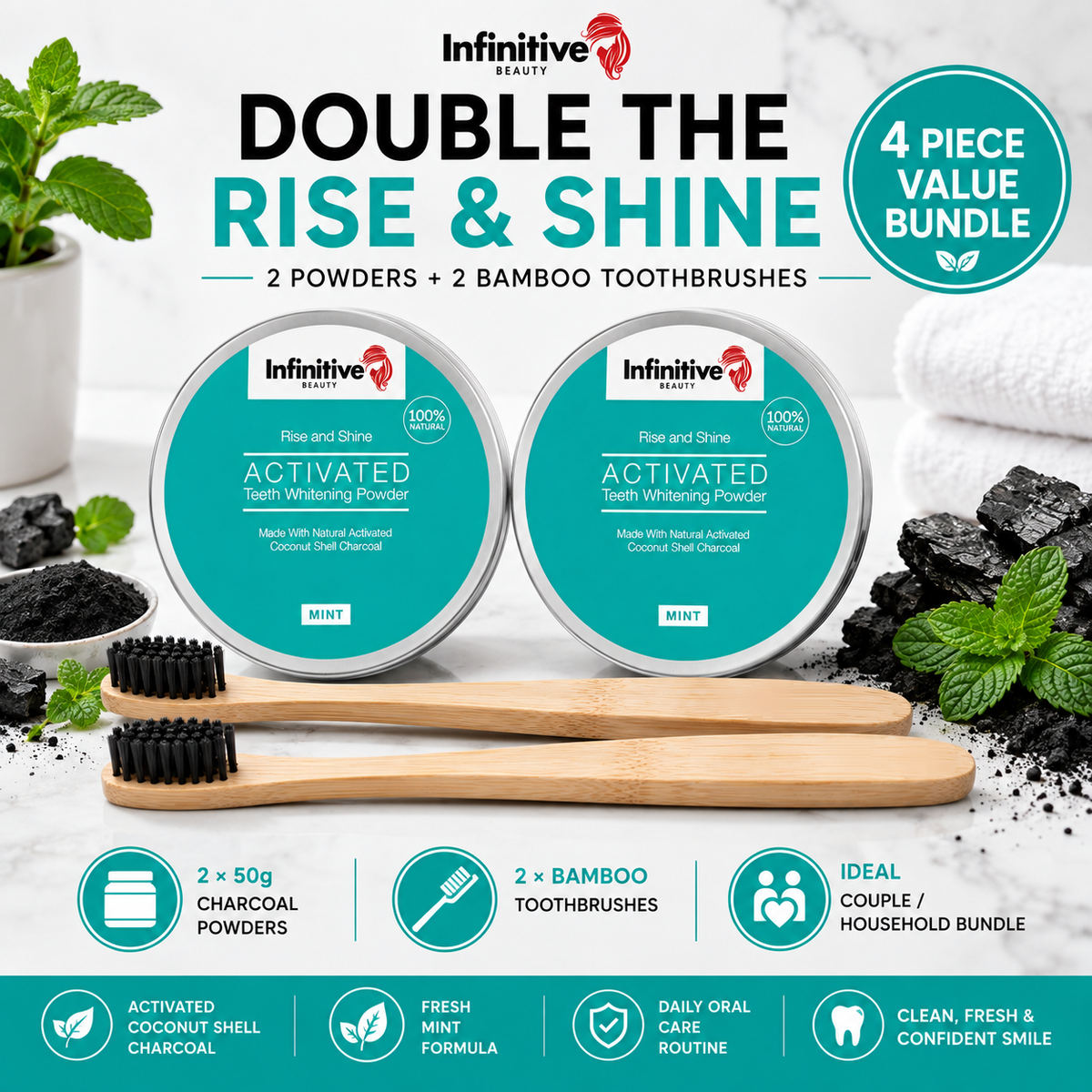 IB Rise & Shine Charcoal Teeth Whitening Powder & Bamboo Toothbrush Kit