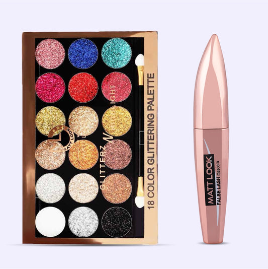 Mattlook 18 Color Glitterz Eyeshadow Palette and False Lash Cash Waterproof Mascara Combo.