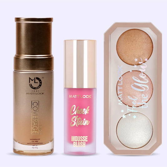 Mattlook Ultimate Combo pack of High Coverage Foundation, Cheek Stain Mousse Blush and Baked Highlighter.