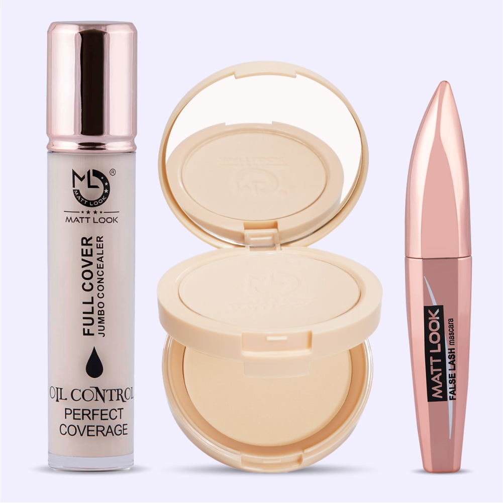 Mattlook Flase Lash Cash Mascara, Compact Powder and Jumbo Concealer Combo Pack 3