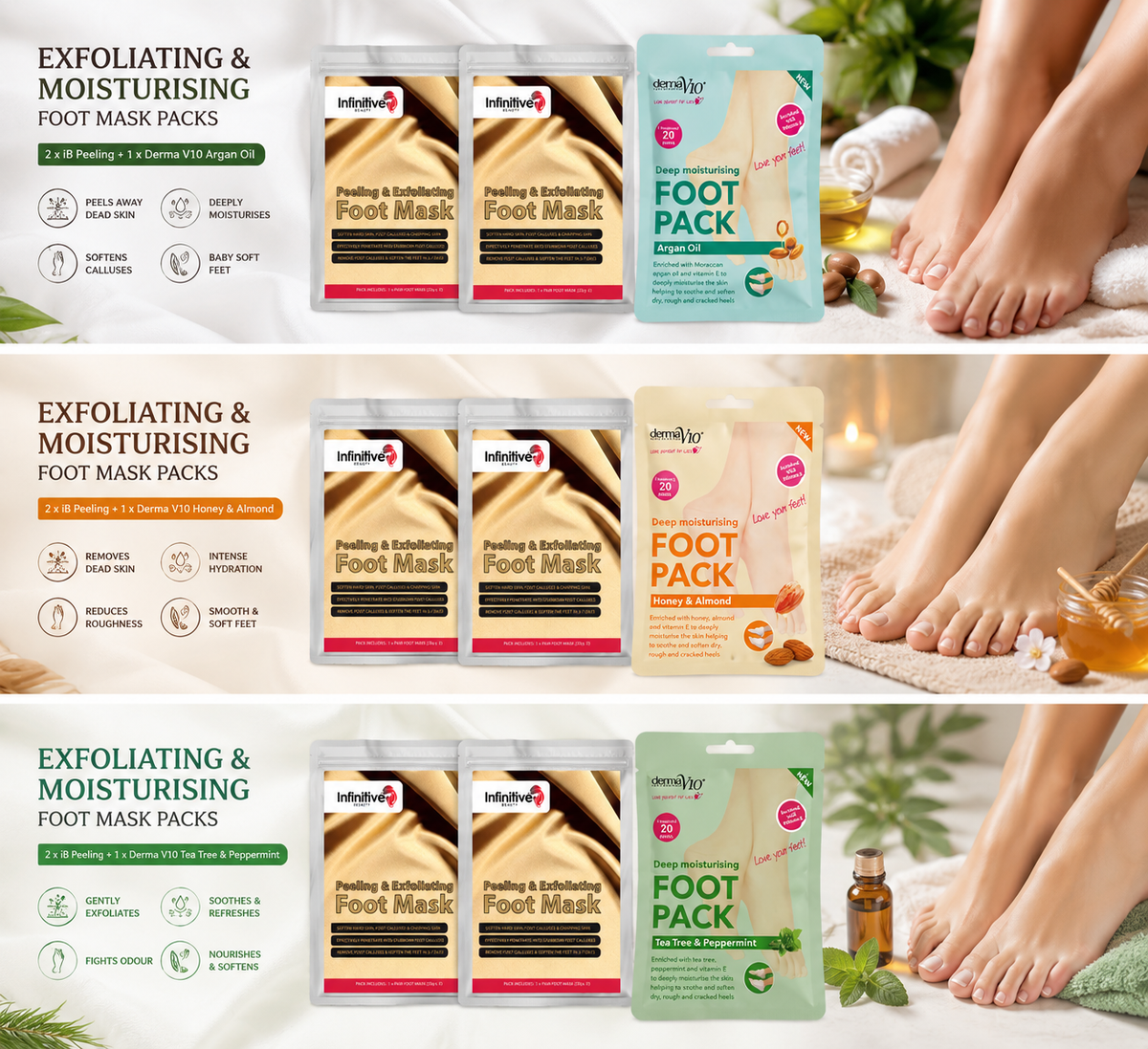 Exfoliating & Moisturising Foot Mask Packs – Free UK Delivery - 3 Pack