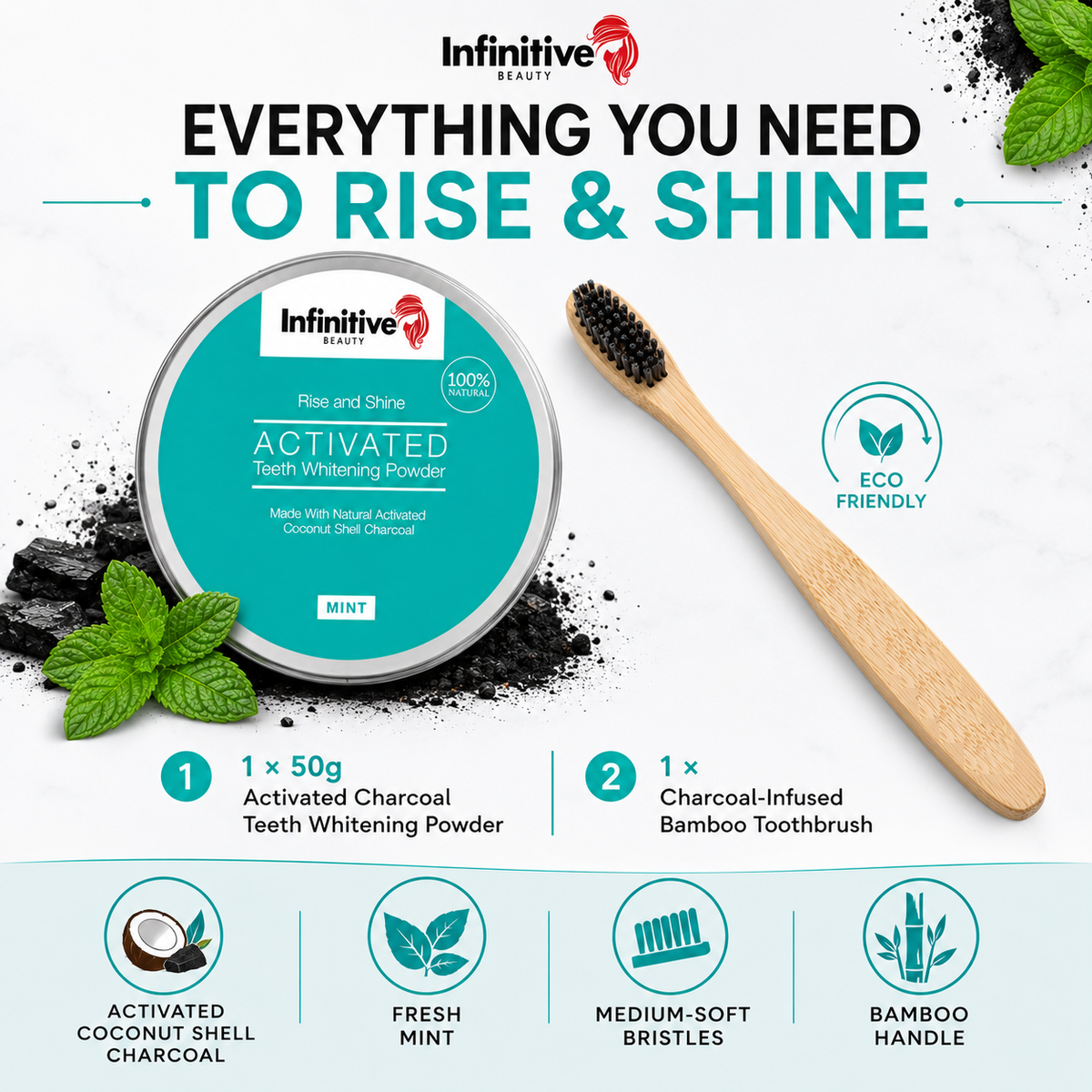 IB Rise &amp; Shine Charcoal Teeth Whitening Powder &amp; Bamboo Toothbrush Kit