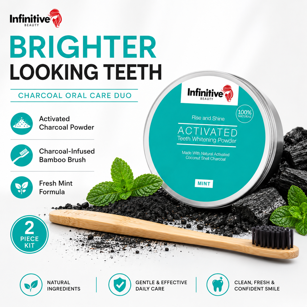 IB Rise &amp; Shine Charcoal Teeth Whitening Powder &amp; Bamboo Toothbrush Kit