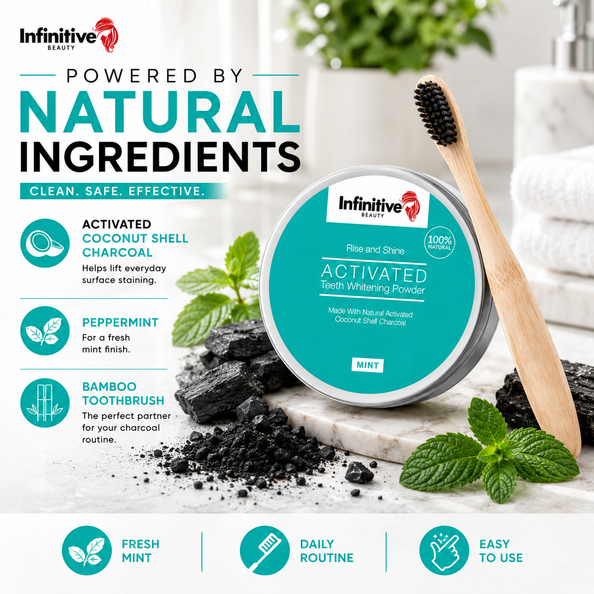 IB Rise &amp; Shine Charcoal Teeth Whitening Powder &amp; Bamboo Toothbrush Kit