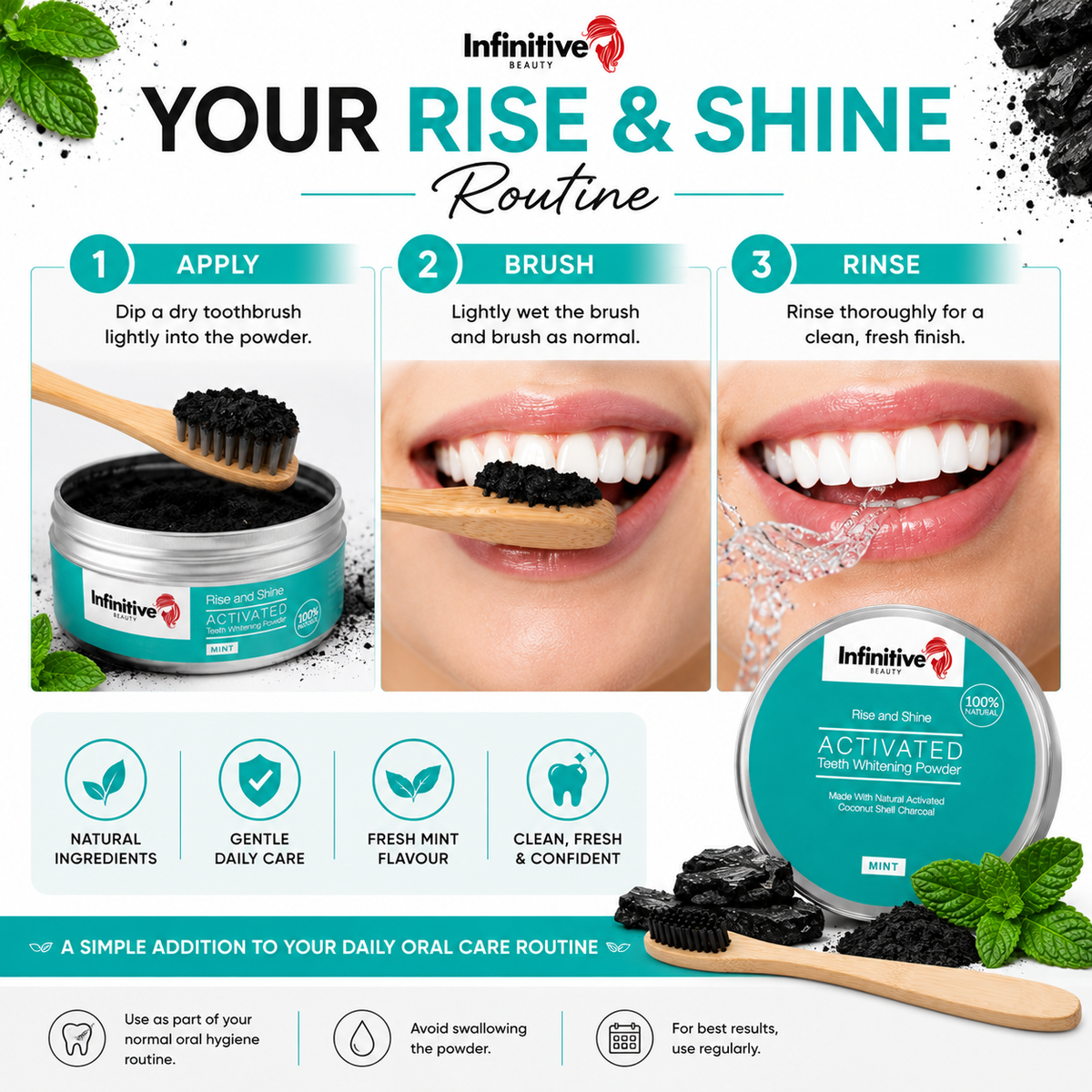 IB Rise &amp; Shine Charcoal Teeth Whitening Powder &amp; Bamboo Toothbrush Kit