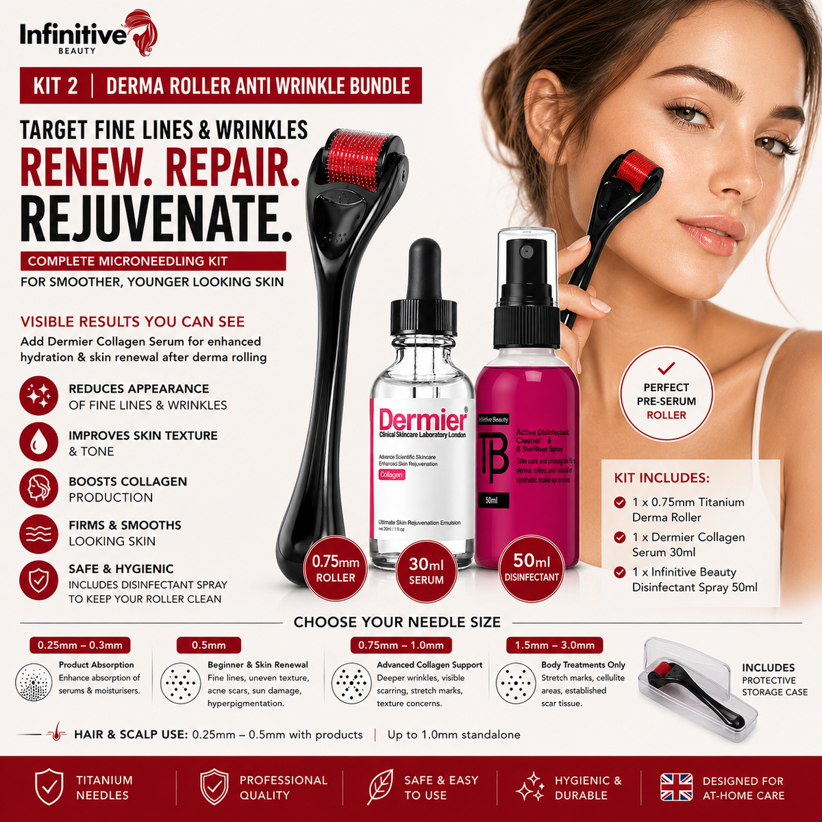Derma Roller Anti Wrinkle Bundle | 0.75mm Titanium Derma Roller, Collagen Serum & Disinfectant Spray | Save 10%