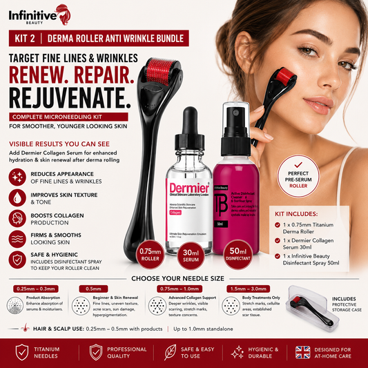 Derma Roller Anti Wrinkle Bundle | 0.75mm Titanium Derma Roller, Collagen Serum & Disinfectant Spray | Save 10%
