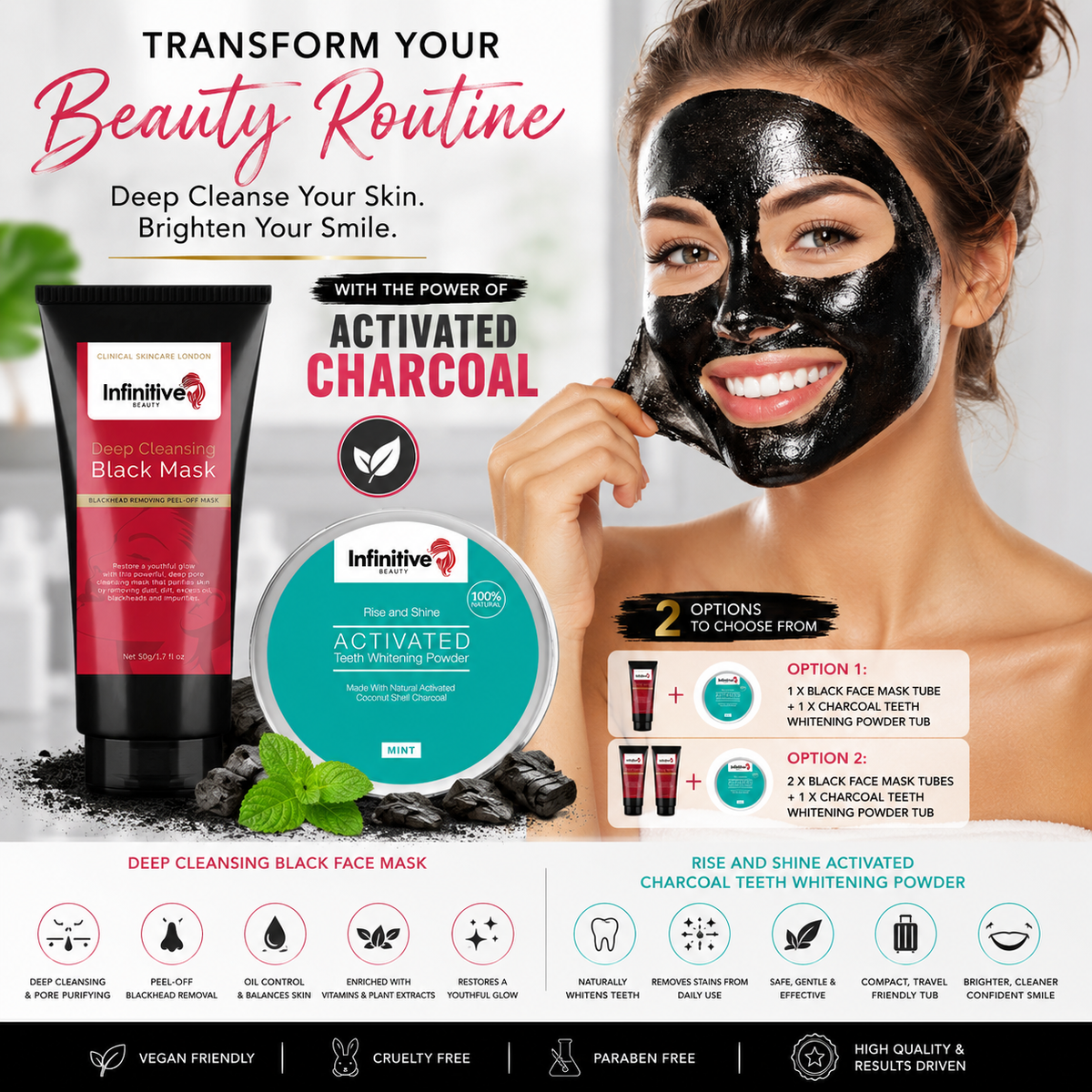 Infinitive Beauty Deep Cleansing Black Face Mask &amp; Rise and Shine Activated Charcoal Teeth Whitening Powder – Free UK Postage