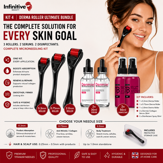 Derma Roller Ultimate Bundle | 3 Titanium Derma Rollers, 2 Collagen Serums & 2 Disinfectant Sprays | Save 20%