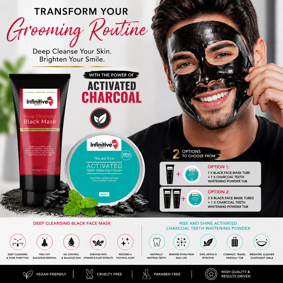 Infinitive Beauty Deep Cleansing Black Face Mask &amp; Rise and Shine Activated Charcoal Teeth Whitening Powder – Free UK Postage