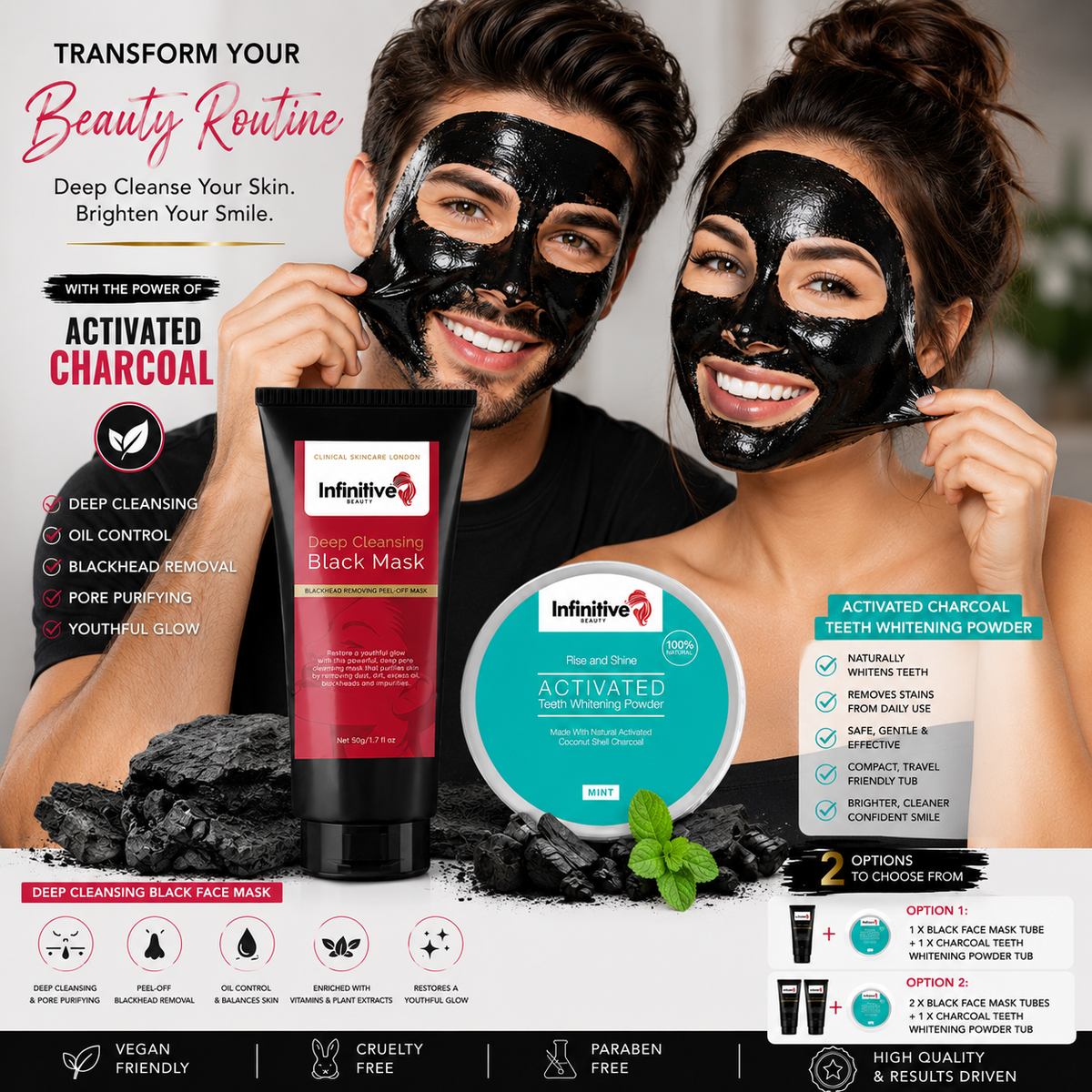 Infinitive Beauty Deep Cleansing Black Face Mask &amp; Rise and Shine Activated Charcoal Teeth Whitening Powder – Free UK Postage