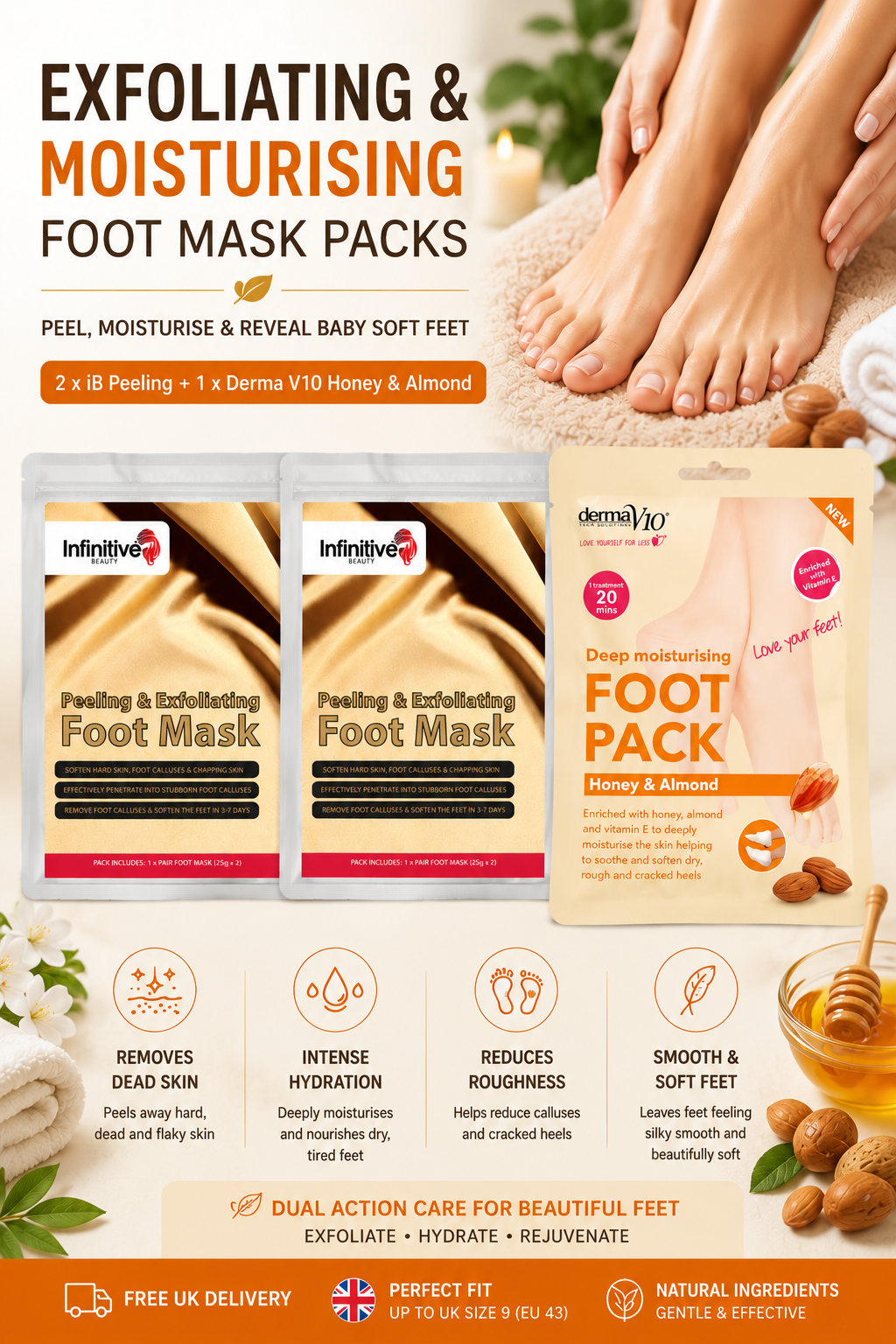 Exfoliating & Moisturising Foot Mask Packs – Free UK Delivery - 3 Pack