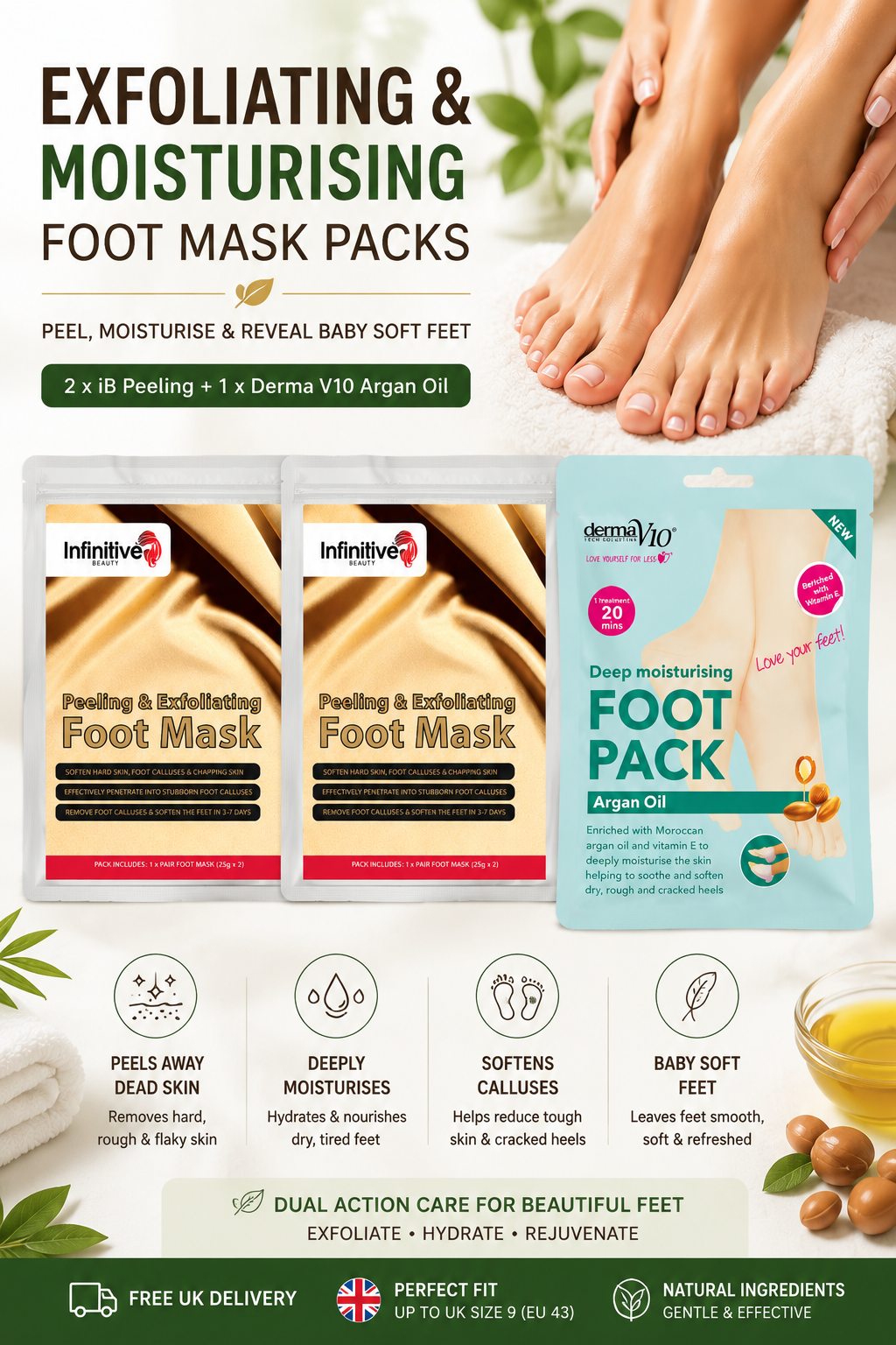 Exfoliating & Moisturising Foot Mask Packs – Free UK Delivery - 3 Pack