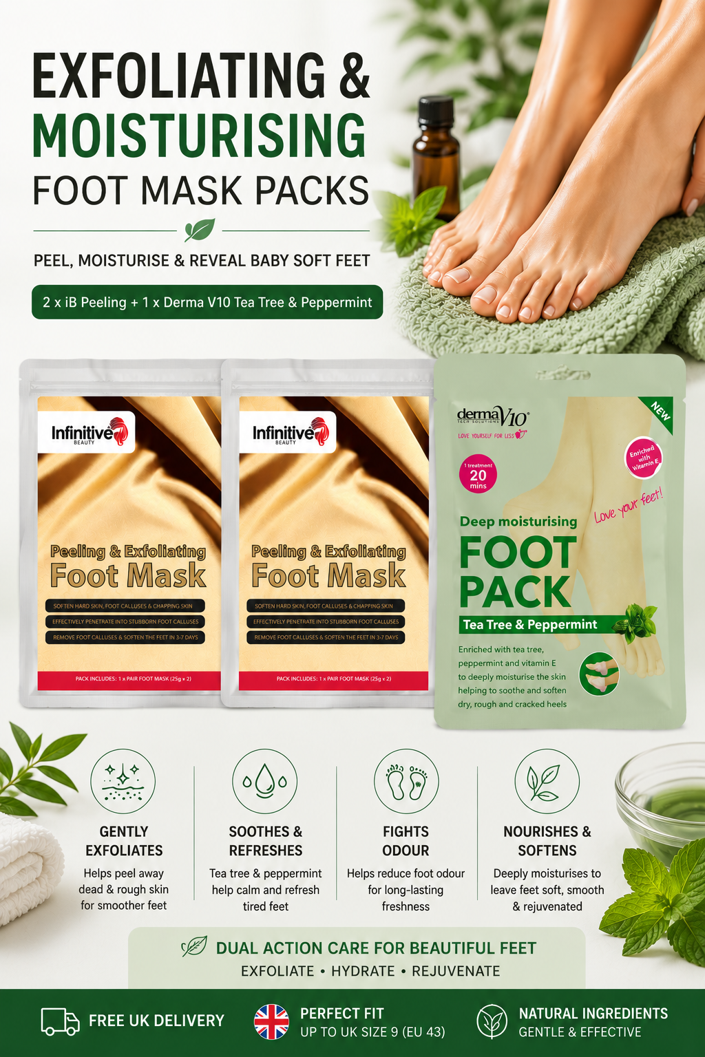 Exfoliating & Moisturising Foot Mask Packs – Free UK Delivery - 3 Pack