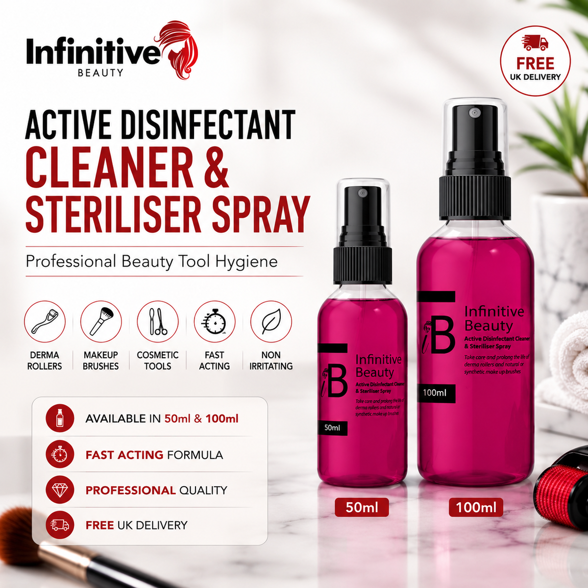 Infinitive Beauty Active Disinfectant Cleaner & Steriliser Spray | Derma Roller & Makeup Brush Cleaner | 50ml & 100ml | Free UK Delivery
