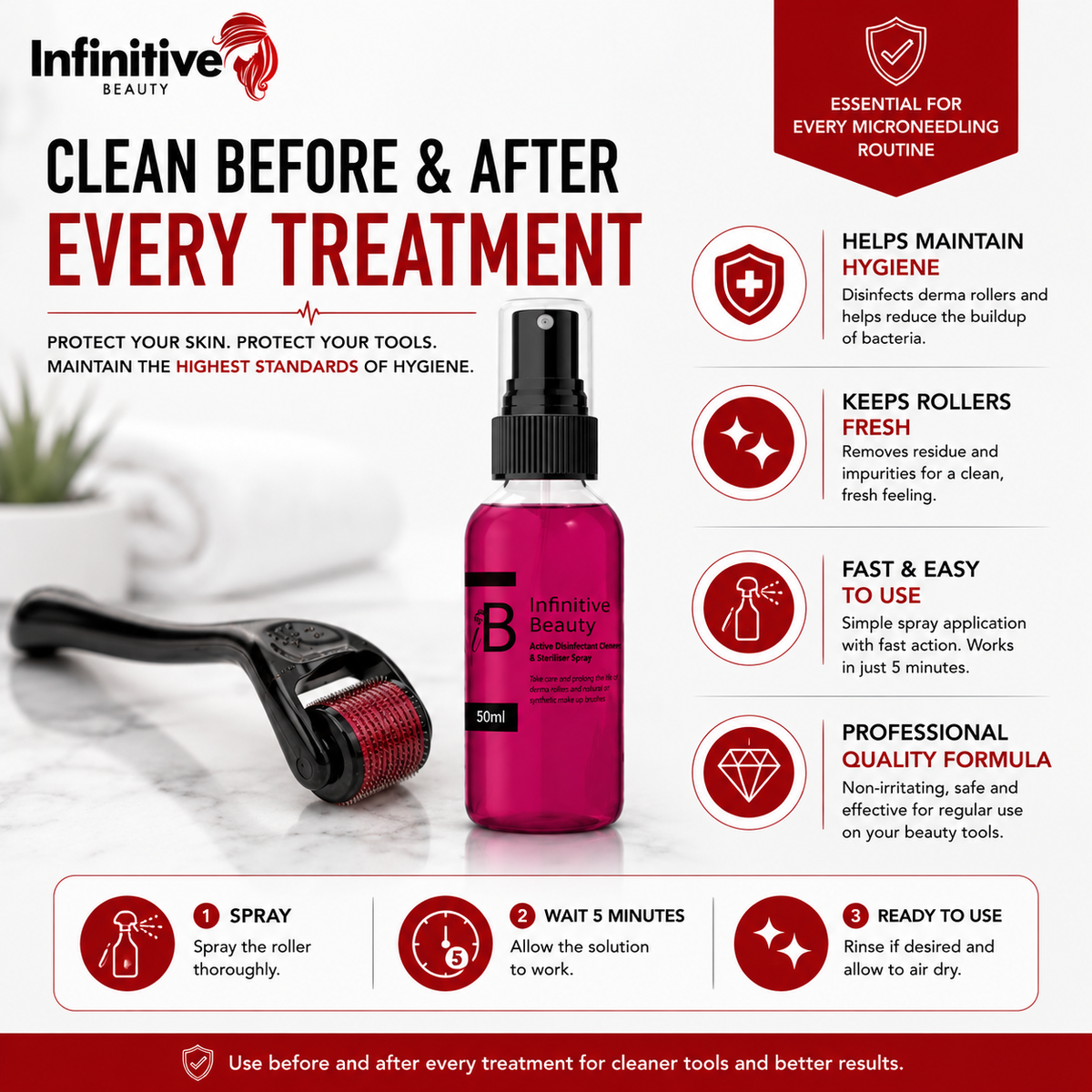 Infinitive Beauty Active Disinfectant Cleaner & Steriliser Spray | Derma Roller & Makeup Brush Cleaner | 50ml & 100ml | Free UK Delivery