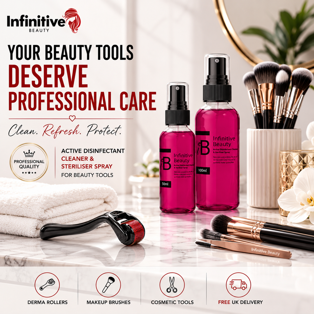 Infinitive Beauty Active Disinfectant Cleaner & Steriliser Spray | Derma Roller & Makeup Brush Cleaner | 50ml & 100ml | Free UK Delivery