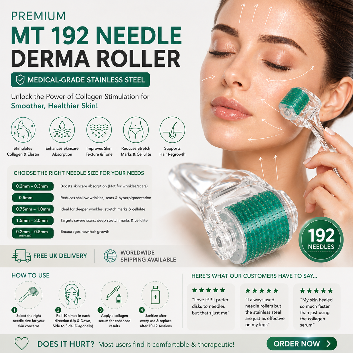 Premium MT 192 Needle Derma Roller – Medical-Grade Stainless Steel