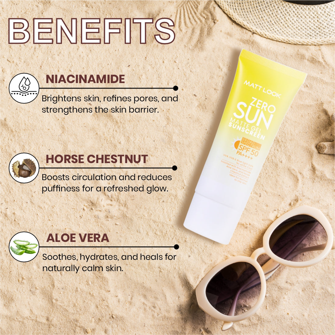 MATT LOOK Zero SUN Matte Gel SPF 50 PA++ Sunscreen (UVA/UVB/Blue Light Safe) with Niacinamide, Aloe & Horse-Chestnut for Normal to Oily Skin - 50Gms (Pack 1)