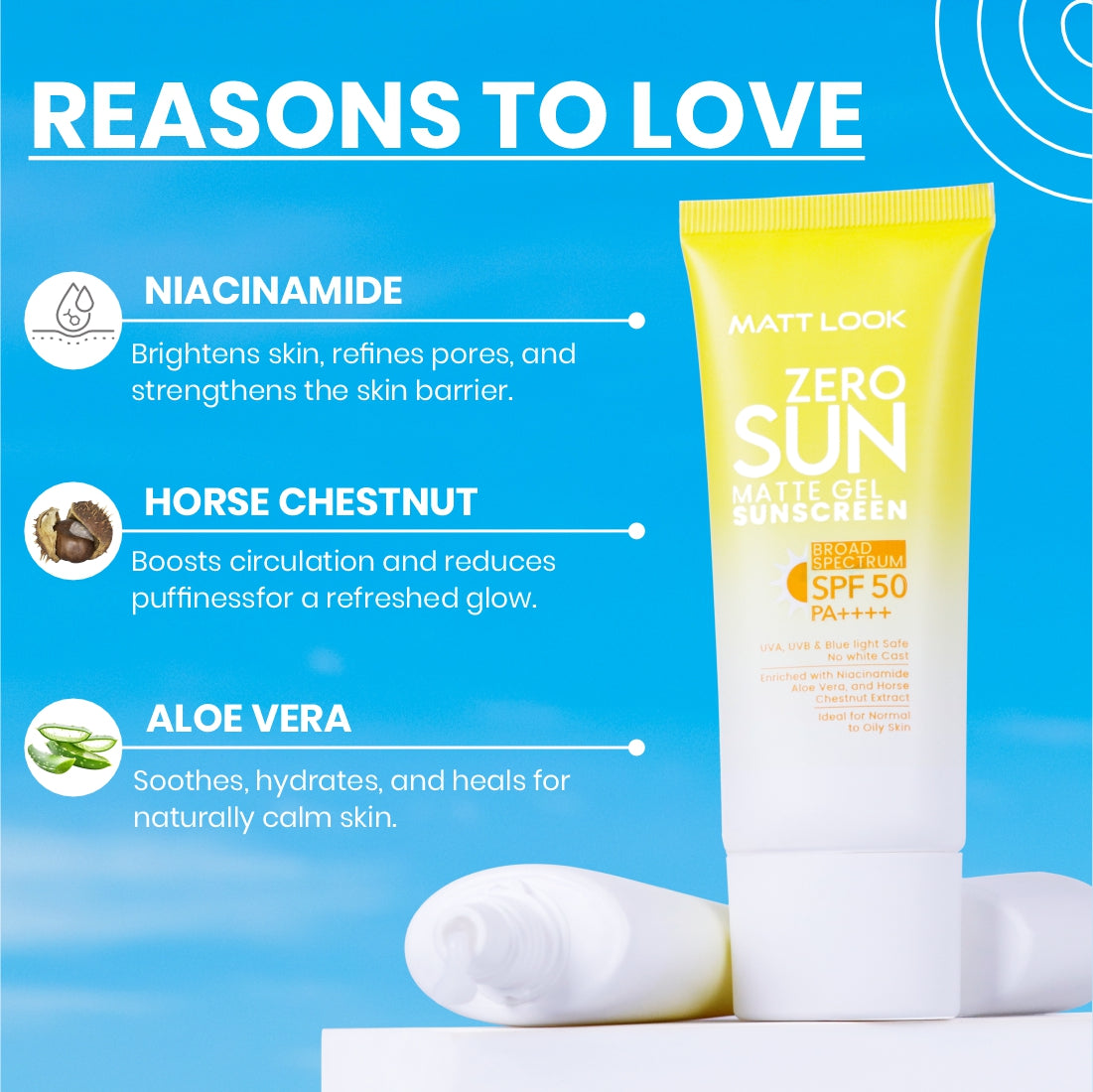 MATT LOOK Zero SUN Matte Gel SPF 50 PA++ Sunscreen (UVA/UVB/Blue Light Safe) with Niacinamide, Aloe & Horse-Chestnut for Normal to Oily Skin - 50Gms (Pack 1)
