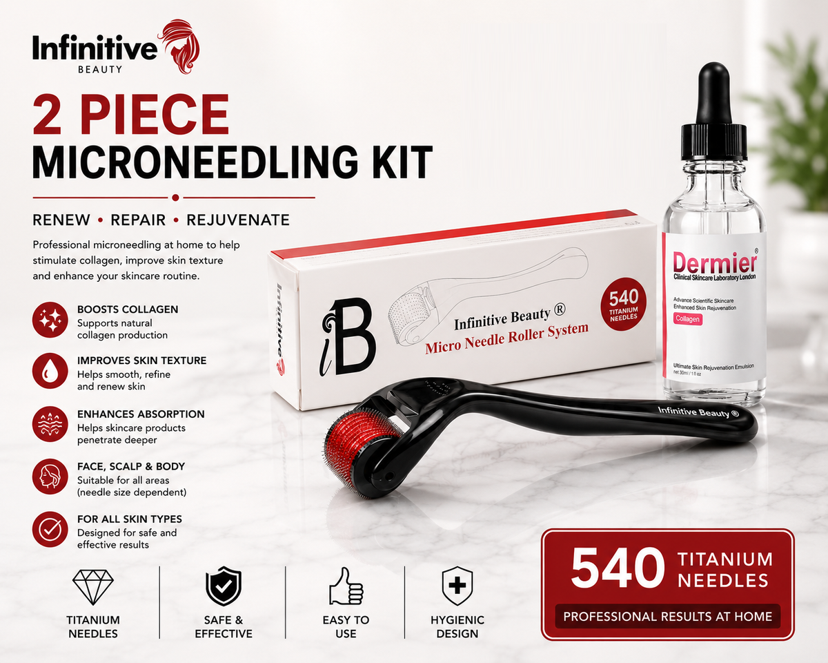 Infinitive Beauty 2 Piece Microneedling Kit | Titanium Derma Roller + Collagen Serum | Professional At-Home Skincare | Free UK Delivery