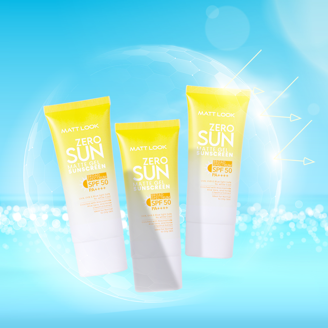 MATT LOOK Zero SUN Matte Gel SPF 50 PA++ Sunscreen (UVA/UVB/Blue Light Safe) with Niacinamide, Aloe & Horse-Chestnut for Normal to Oily Skin - 50Gms (Pack 3)