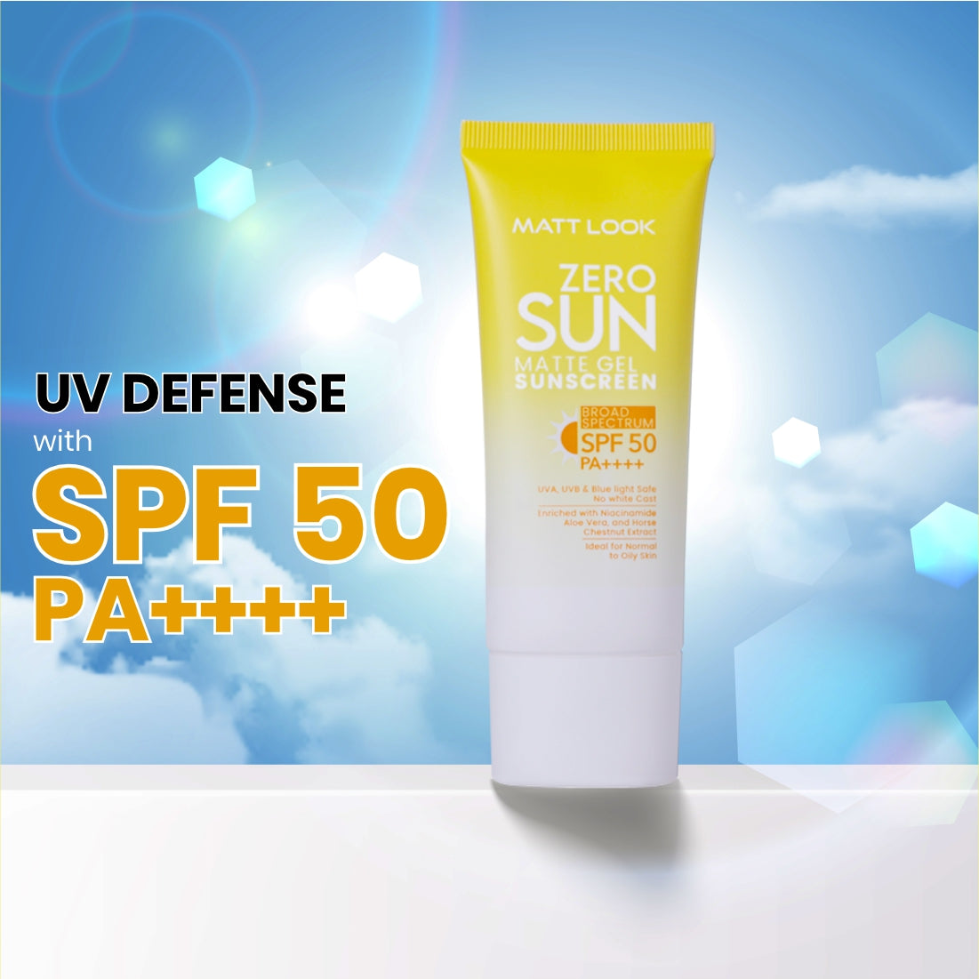MATT LOOK Zero SUN Matte Gel SPF 50 PA++ Sunscreen (UVA/UVB/Blue Light Safe) with Niacinamide, Aloe & Horse-Chestnut for Normal to Oily Skin - 50Gms (Pack 1)
